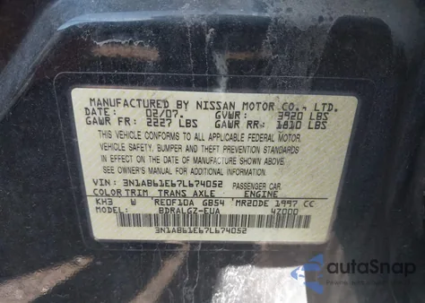 2007 Nissan Sentra 2.0Sl из США, поврежденный, VIN 3N1AB61E67L674052